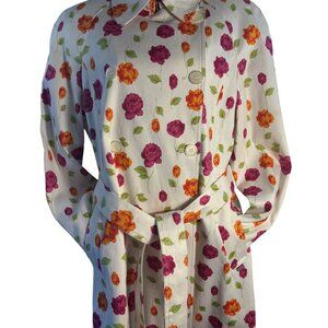 Michael Michael Kors Floral Belted Trench Coat Women’s Large iWhite W/ Red & Ora